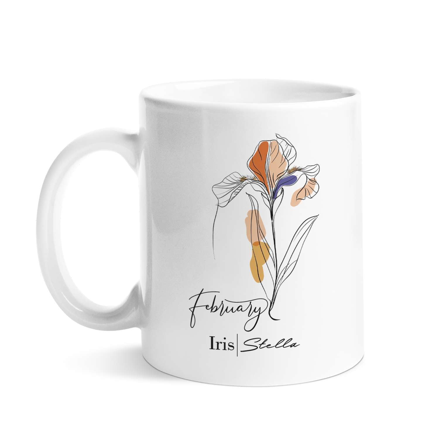 Lovely Iris Flower Line Art Design Tea Cups, Customized Name & Month Floral Art Coffee Mugs, Iris Cup Gift For Girl Women, Personalized Flower Plants Fans Mugs, Awesome Iris Cups