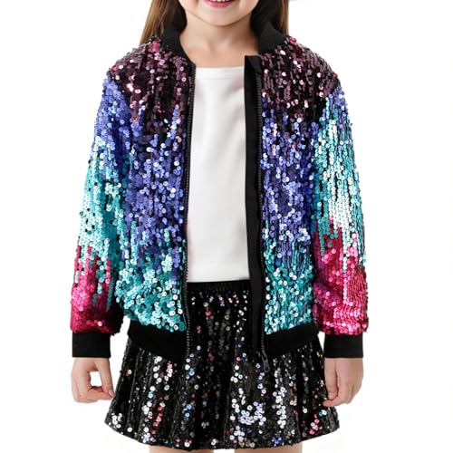 TYNORA Children's Fashion Shiny Jacket Girls Sequin Zipper Coat Long Sleeve Bomber Jackets Outfits Blue Rose M