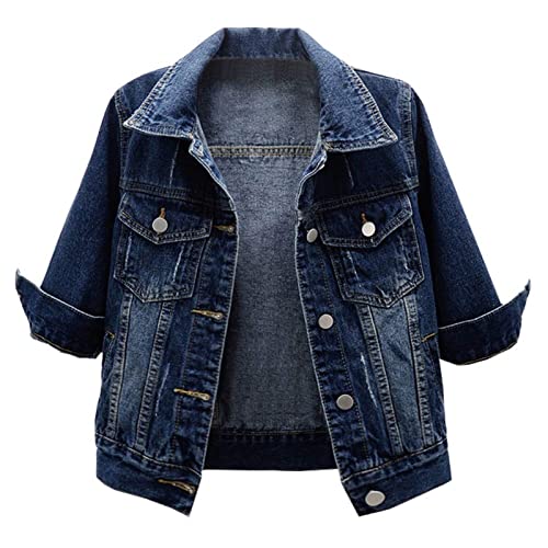 Sawmew Chaqueta de Mezclilla para Mujer Chaqueta de Transición Chaqueta Ligera Denim Casual Vintage 3/4 Mangas Cortas Chaqueta de Mezclilla Corta Tops Chaqueta de Ocio (Color : Navy Blue, Size : 4XL