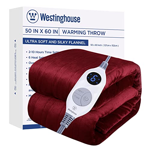 Westinghouse Electric Blanket Heated Throw, Super Cozy Soft Flannel 50"" x 60"" Heated Throw with 6 Fast Heating Levels & 2-10 Auto-Off, Machine Washable, ETL&FCC Certification, Home Office Use, Red