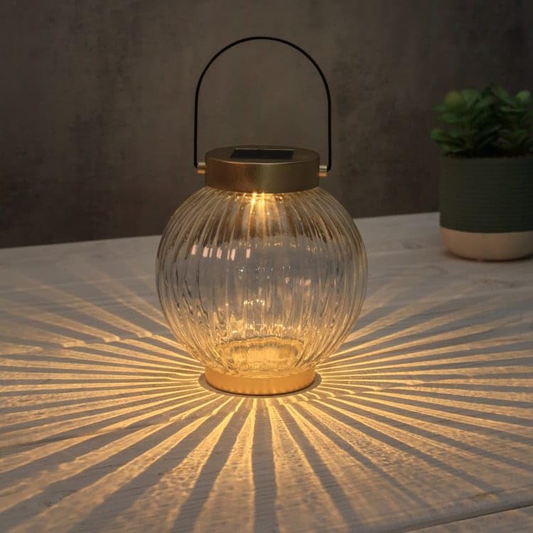 Solar Powered Ribbed Glass Lantern Outdoor Light – Solar Hanging Lantern with Warm LED Glow, Ribbed Glass Design, Decorative Garden Patio Pathway Table Lamp for Home, Yard & Camping Use A119 (Gold)