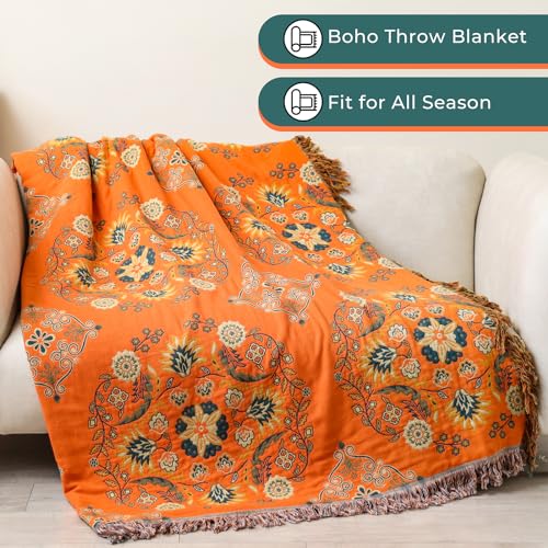 HOORDRY Baumwolle Tagesdecke,Bettüberwurf Wohndecke Sofadecke mit Muster 150x200CM,Herbst Doppelseitig Boho Decke Couchdecke Sesseldecke Wendedecke für Fernsehen oder Nap auf dem Stuhl,einzelbett