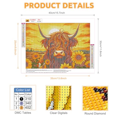 EOBROMD Cow Diamond Painting, 5D Sunflower Diamond Painting Kits for Adults Full Round Drill Diamond Art Kits - Image 2