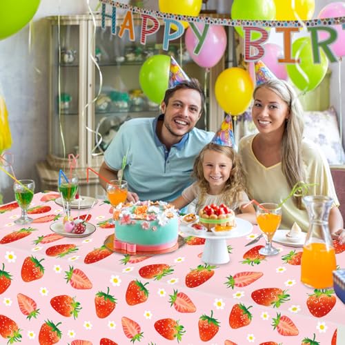 Image of 3 Pack Strawberry Tablecloths Strawberry Birthday Plastic Table Cover for Berry First Birthday Decor Baby Shower Party Decorations, 54 x 108 Inch