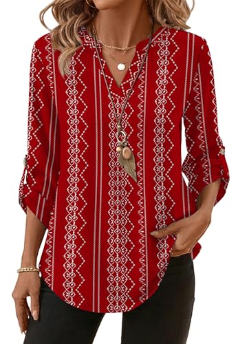 Image of XIEERDUO 3 /4 Length Sleeve Womens Tops V Neck T Shirts Both Side Buttons Blouses Business Casual Outfits Loose Fit