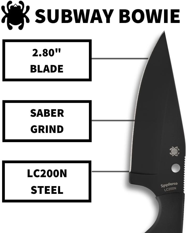 Spyderco Subway Bowie Fixed Blade Knife with 2" LC200N Steel Blade and FRN Handle - EDC Knife for Men and Women, Perfect for Hunting, Tactical, Camping, Survival, Hiking - PlainEdge - FB48PBBK