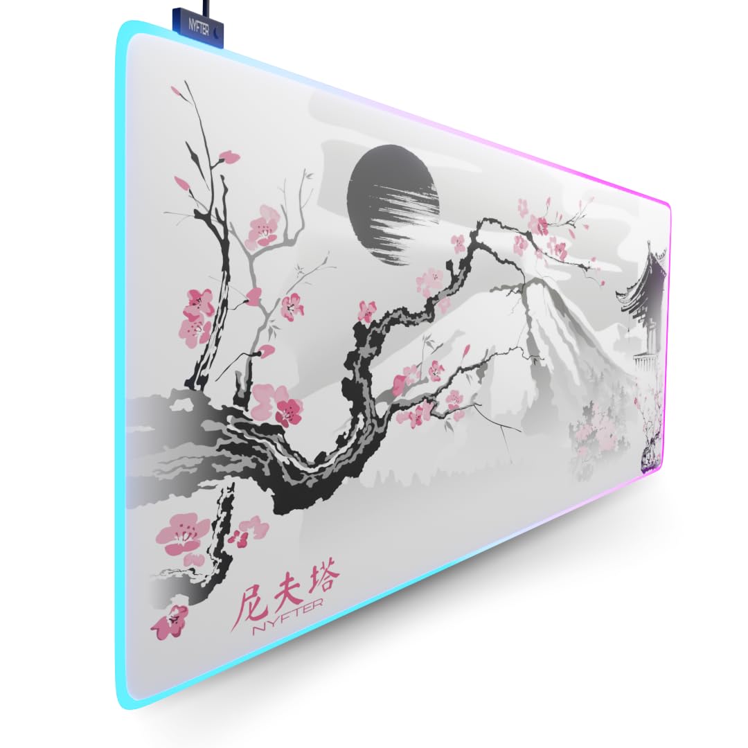 Nyfter - XXL Gaming Mauspad Sakura Weiß 900 x 500mm Premium Fuji Mousepad Size Groß vernähte Kanten langlebig mit high-end Glide und Anti-Rutsch Speed Gaming Mauspad (Premium Sakura White (RGB))