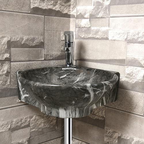 Image of REMOTION Wall Mounted Wash Basin for Bathroom | Wall Hung Corner Sink | Ceramic Round Wall Hung Wash Basin | Wall Hung Small Corner Basin (16.3 x 13.8 x 4.3 Inch) (Designer Black White)