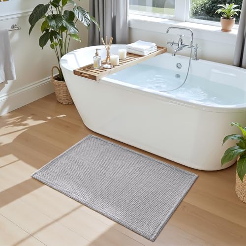 Tapis de bain lavable 60x110 cm grand format gris clair en chenille - 5