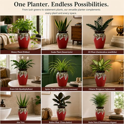 Image of Ceramic Flower Pots for Garden | Big Size Planters for Home Decor, Living Room, Balcony & Office | Multi Utility Vase Gamla for Indoor Outdoor Plants (Hand-Painted, Red, 10 Inch)