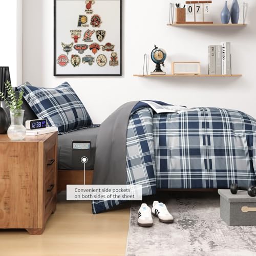Image of MaiReve Navy Blue Twin XL Comforter Set, Twin XL Bedding Sets for Boys Girls 5 Pieces for Dorm Farmhouse All Season Lightweight &Comfy with Fitted Sheet, Flat Sheet (Navy Blue, Twin XL, 66 inchx90 inch)