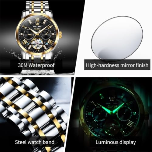 Image of OLEVS Automatic Watches for Men Self Winding Mechanical Skeleton Luxury Dress Stainless Steel Diamond Men Wrist Watches