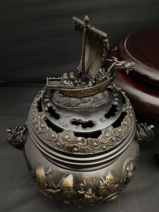 送料無料 瑞峰造 特大銅製七福神香炉 高さ31cm 時代物・美品 大香炉 布袋摘 七福神 銅製 台付 置物 開運 風水 骨董 古美術