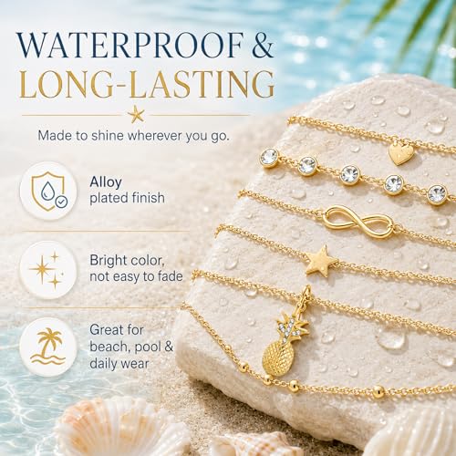 Hicarer 16 Pcs Ankle Bracelets for Women 14k Boho Gold & Silver Alloy Plated Waterproof Link Chains Beach Adjustable Jewelry - Image 5