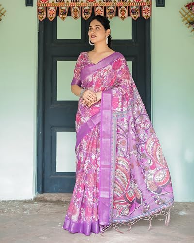 Image of Kaugalian store Linen Cotton Floral Printed Saree for Women with Unstitched Blouse Piece | 5.5 M Saree & 0.8 M Blouse