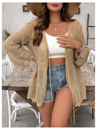 Verdusa Women's Plus Size Summer Tops Bow Tie Hollow Out Cardigan Sweaters Sheer Crochet Knit Outwear3