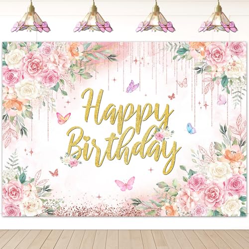 Mocsicka Happy Birthday Backdrop Pink Floral Butterfly Birthday Background for Women Girls Party Decoration Photo Booth Props (7x5ft)