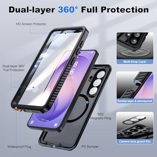 Image of ANTSHARE for Samsung Galaxy S26 Case Waterproof, Built-in Lens & Screen Protector, [Compatible with MagSafe] Shockproof Dropproof Translucent Matte Full Body Phone Case for S26 6.3 inch- Black
