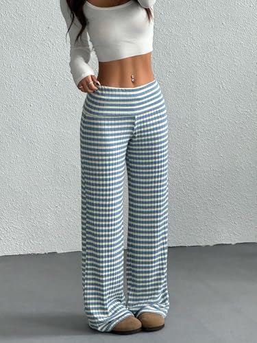 ZAFUL Striped Pants for Women High Waisted Wide Leg Trendy Beach Pull On Elastic Waist Casual Flowy Pants2
