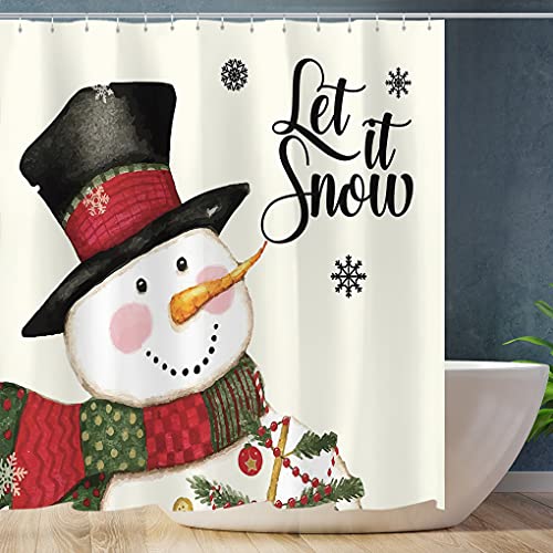 Tititex Winter Happy Holiday Shower Curtain Sets, Cute Snowman Christmas Let It Snow Bathroom Decoration 70X70 Inch With Hooks #TOP1