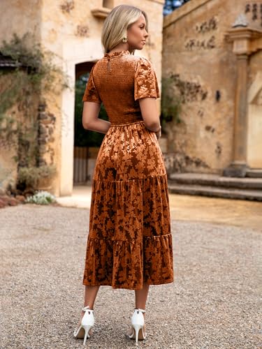 Simplee Velvet Dress for Women Semi Formal Short Sleeve Floral Smocked Empire Waist Fall Winter Wedding Guest Dresses4