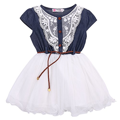 LXXIASHI Toddler Kids Baby Girls Princess Dress Denim Top Floral Tutu Skirts Stitching Clothes (4-5 Years, Lace-White)