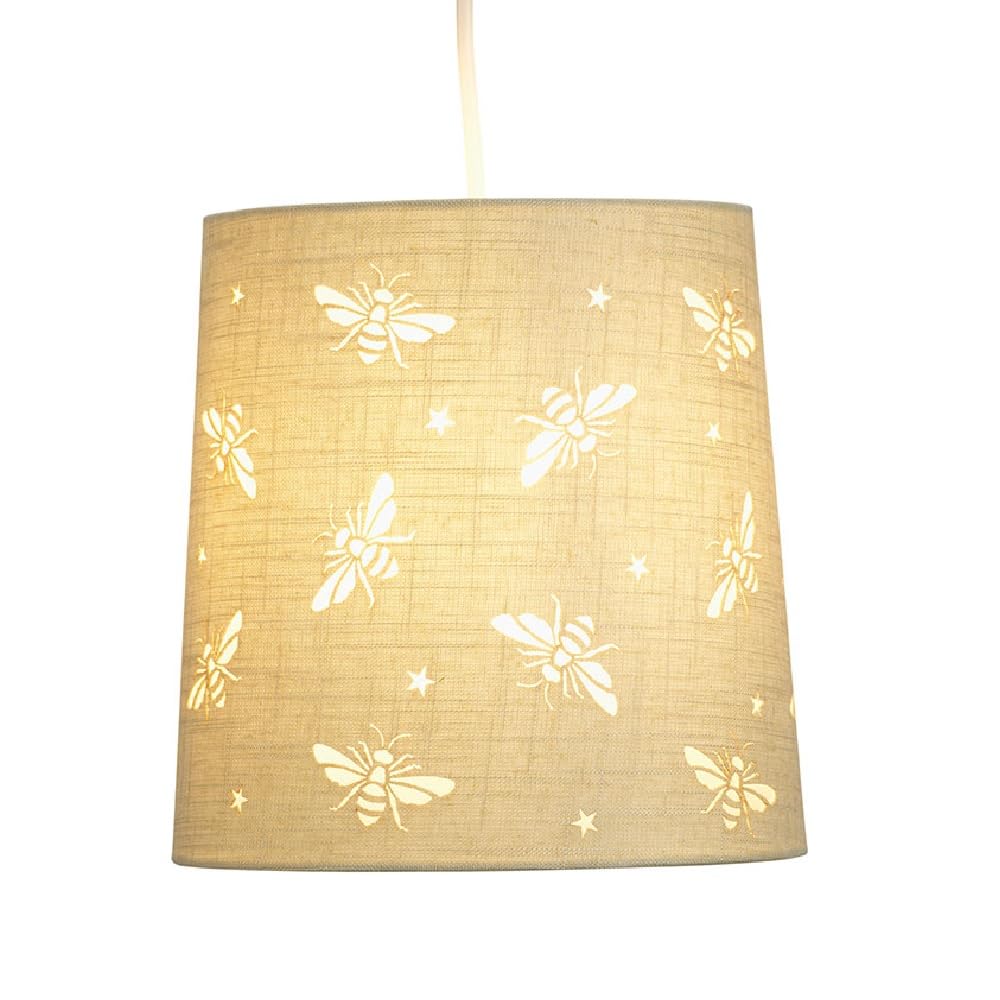 Britalia Cream Buzzing Bee Fabric Kids Easy Fit Tapered Drum Pendant Shade with Cut Outs | 23cm Diameter (9") | None Electric Ceiling Lampshade | Fits All Lampholder Types E14 E27 B15 B22
