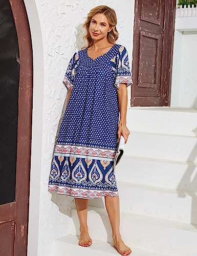 Image of Bloggerlove Mumu House Dress for Women with Pockets Short Sleeve Nightgowns | 15% Cotton, 80% Polyester, 5% Spandex, Floral Mumu House Dress, V-Neck, Short Sleeves, Midi Length, 2 Side Pockets, Lounging