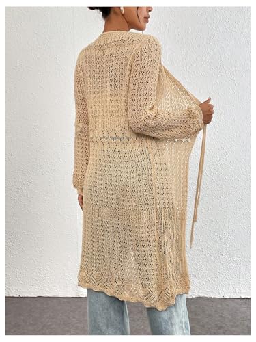 MakeMeChic Women's Long Sleeve Crochet Tops Hollow Out Knitted Cardigan V Neck Tie Front Long Outerwear2