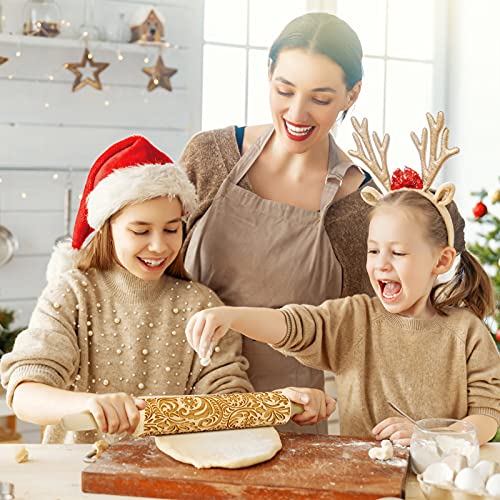Embossed Wooden Rolling Pin, Engraved Embossing Rolling Pins with Christmas Snowflake Flower Pattern for Baking Cookies, Kitchen DIY Tool for Kids Adults (39cm/15.35inch) - Thumbnail 7