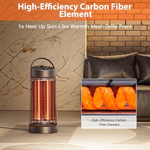 Outdoor Electric Patio Heater, Portable Infrared Heater with 600W/ 1200W Adjustment, Tip- Over Protection, 1s Heating Carbon Fiber Tube Heater for Backyard, Garage, Black-3