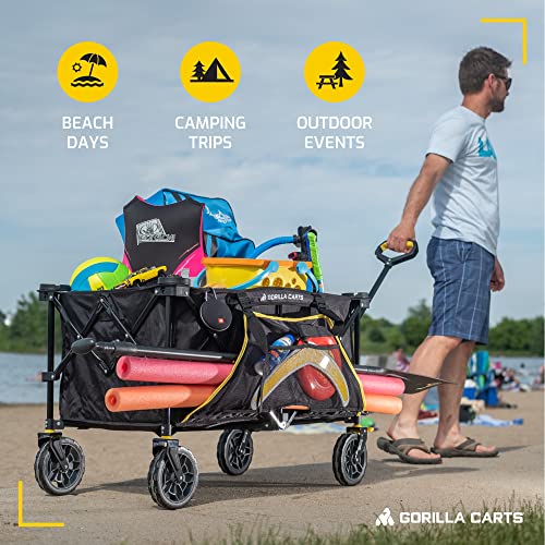 Gorilla Carts Collapsible Folding Outdoor Utility Wagon, 7 Cu Ft Oversized Bed, 150 lb Load Rating, Black – Foldable Rolling Cart w/ Pockets & Cup Holders for Beach, Camping, Sports or Picnic