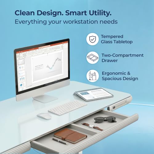 Image of The Sleep Company AeroSleek Glass Height Adjustable Desk | Electric Standing Table | 4 Memory Presets | Drawers | Tempered Glass Top | 2 Years Warranty | | Free Installation |1200mm x 600mm
