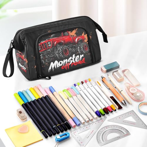 Image of Monster Truck Pencil Case with Full Print & Carry Strap Unique Shape Dual Access Ideal for School Kids Writers Artists Gift Giving & Daily Storage