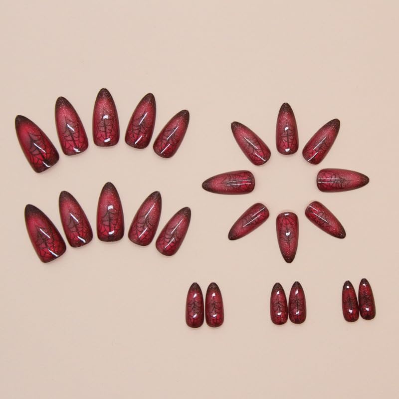 Stiletto Nails, Glitter Sparkle Red and Black Lace Pattern, Long Pointed Nail Tips