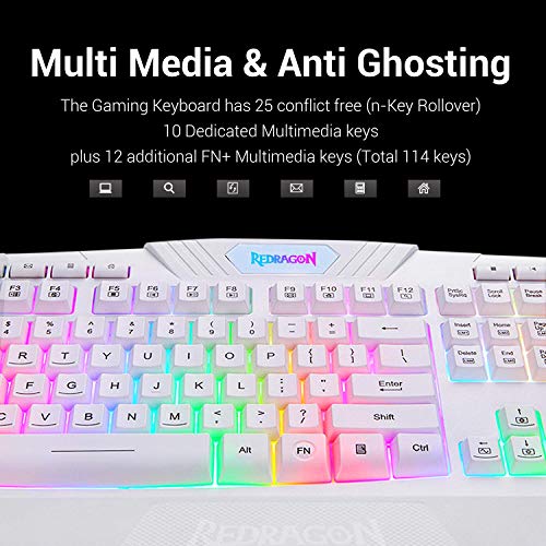Redragon K503 Gaming Keyboard, Rgb Led Backlit, Multimedia Keys, Silent Usb Keyboard With Wrist Rest For Windows Pc Games (Wired, White) #TOP2