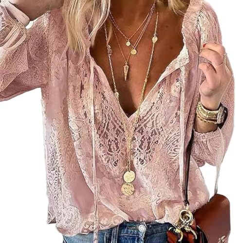 Pinclodly Lace Tops for Women Long Sleeve Tie Front Tops V Neck Floral Lace Crochet Blouse Shirts Hollow Out Western Shirts