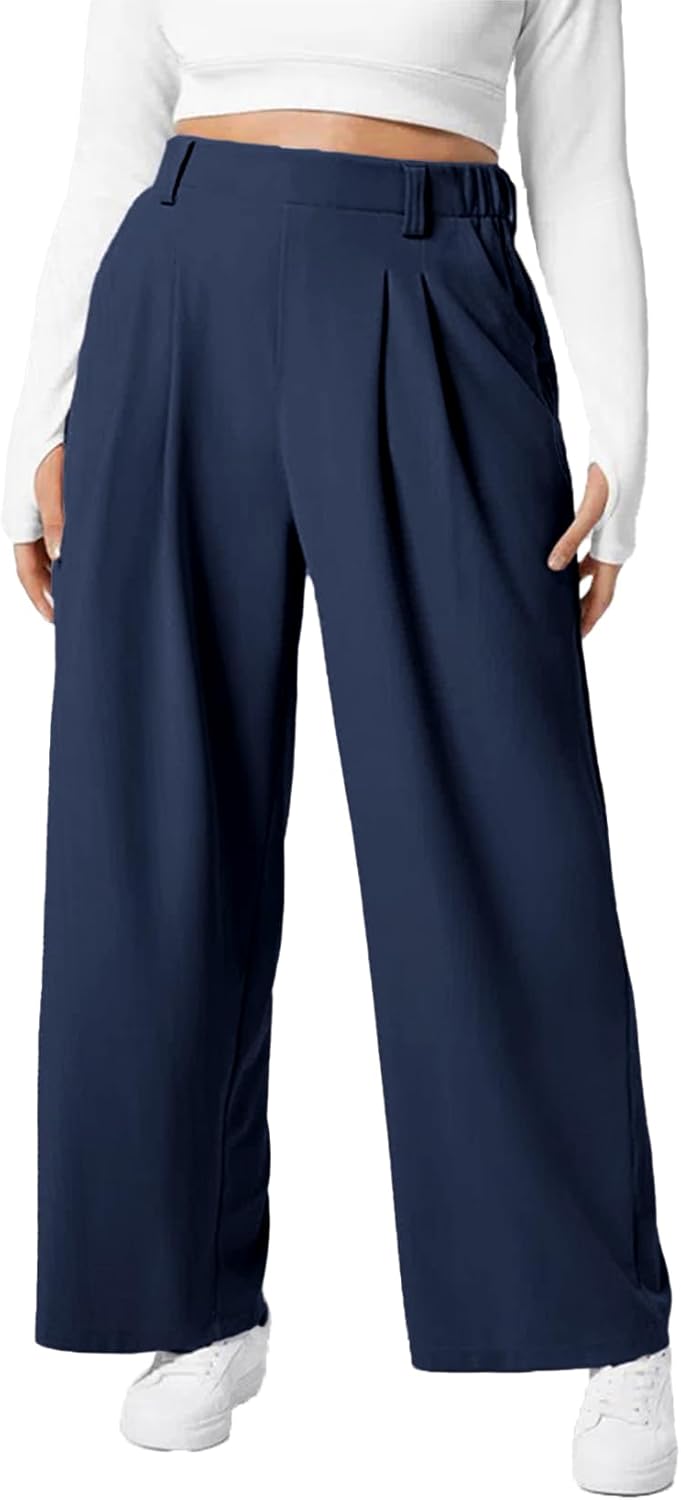 Eytino Womens Plus Size Wide Leg Dress Pants Elastic High Waisted Casual Waffle Palazzo Pants Trousers with Pockets(1X-5X)