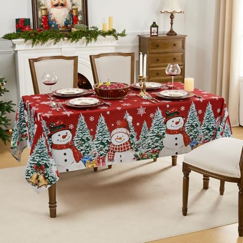 Romanstile Red Christmas Tablecloth, Printed Winter Snowman and Xmas Tree Design Rectangle Table Cloths, Holiday Decorative Stain-Resistant Table Covers for Dining Room Party Decor - 60 x 84 Inch – Image 7