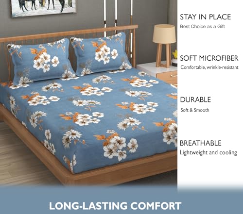 Image of FRESH FROM LOOM Floral Print King Size Bedsheet Set - Microfiber, 240 TC, Hypoallergenic, Includes 2 Pillow Covers (90 x 95 inch| Denim, Floral Design), Multicolor