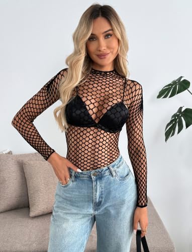 Image of Avidlove Women's Sexy Fishnet Mesh Long Sleeve Tops Mock Neck Sheer Lace See-Through Blouse Bodycon Clubwear Party Tops