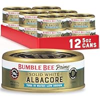 Bumble Bee Prime Low Sodium Solid White Albacore Tuna in Water, 5 oz Cans (Pack of 12) - Premium Wild Caught Tuna - 32g Protein per Serving - Non-GMO Project Verified, Gluten Free, Kosher