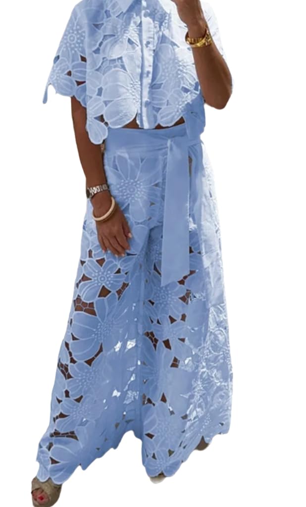 Photo 1 of NIFTRIRY Outfits for Women 2 Piece Sets Lace Crop Shirt with Wide Leg Pants Two Piece Sets for Women Dressy