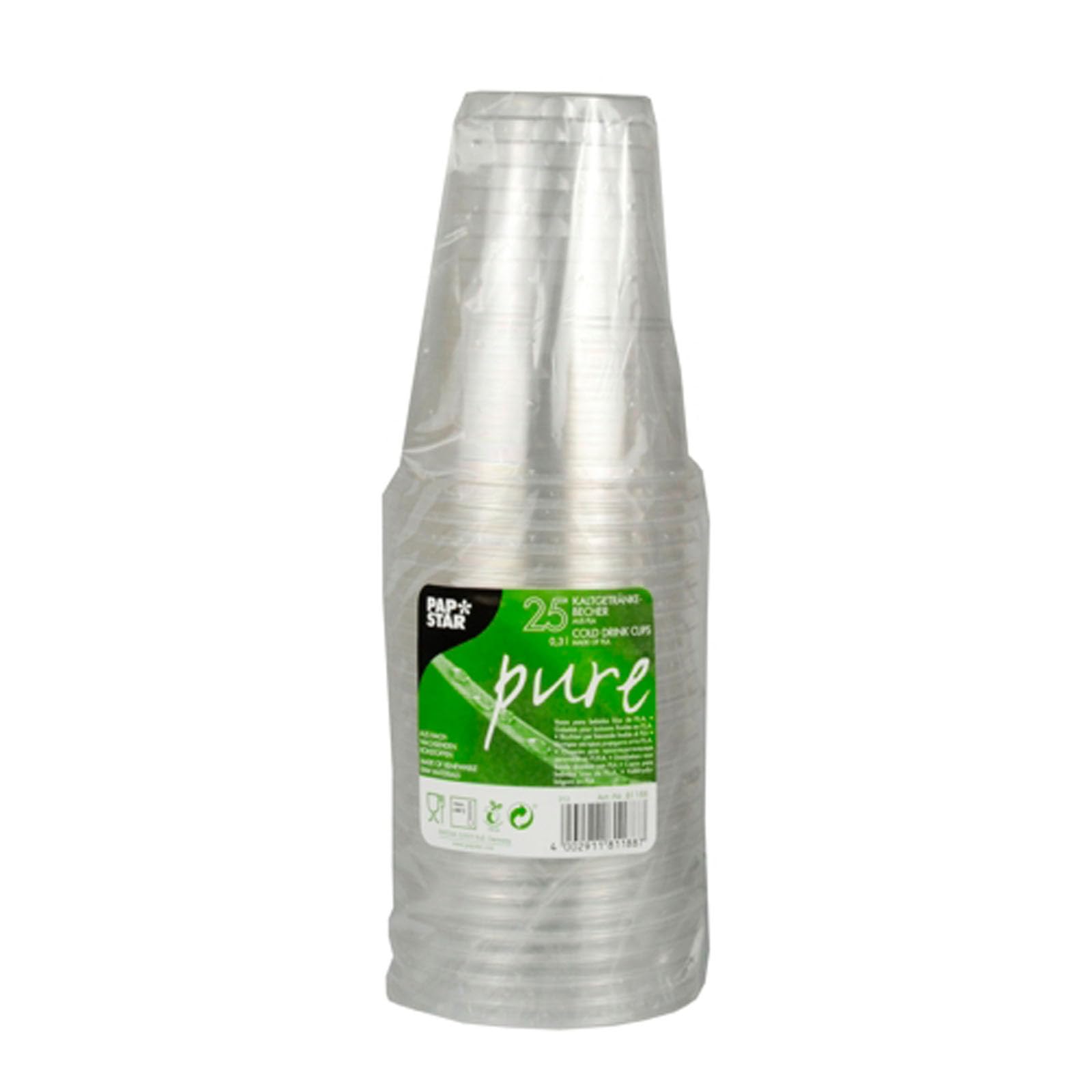 Papstar | 25 Bicchieri Pure, Materiale Bioplastica (PLA), Dimensioni 0,3 l Ø 9,5 cm · 11 cm, Colore Cristallo Trasparente con Bordo, 25 Bicchieri x 12 Confezioni