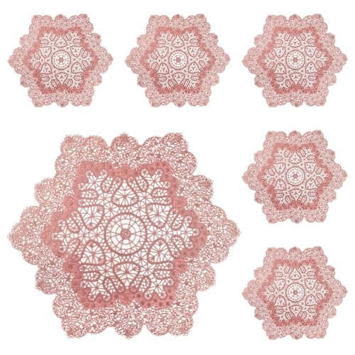 Komforbaa Lot de 6 PVC Rose Ajouré Sets de Table 38cm, Lavables Séchage Rapide Dessous de Table Design Relief, Résistants Chaleur Antidérapants pour Cuisine Balcon