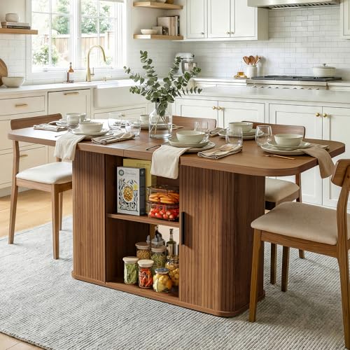 SUNCOZE Mid-Centur Dinner Tables for 4-6-8, 70.9 Rectangle Dining Room Table with Large Tabletop and Sliding Tambour Doors, Fluted Dining Table 2-Layer Storage for Kitchen and Living Room, Walnut