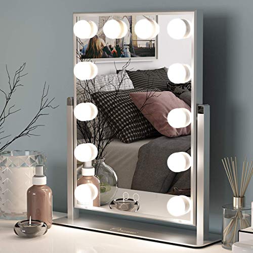 Ovonni Vanity Makeup Hollywood Mirror with 12 Detachable LED Bulbs and 2 Replacement Bulbs 2 Colors Touch Control Dimmable Brightness 360° Rotating for Bedroom Dressing Table(12 bulbs, Sliver)