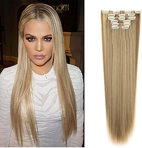 CULKET 24 inch Hair Extensions Clip in Hair Extensions Clip in Natural Hair Extensions 6 PCS Curly Wave Ash Blonde Mix Bleach Blonde