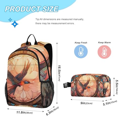Backpack Lunch Bag Set for Travel Hiking Picnic, Stained Glass Bird Print Backpacks with Insulated Lunch Box2