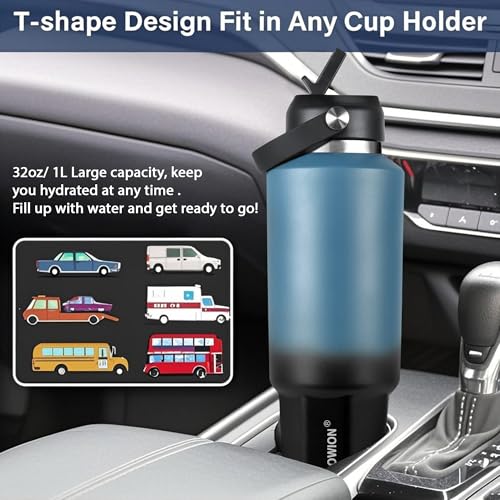 Image of HYDROWION 40 oz Insulated Water Bottle, Car Water Bottle Holder - Double Wall Vacuum Insulated Travel Bottle with Straw Lid, Spout Lid and Flex Cap - Cold for 24H, Hot for 12H, Blue - Black